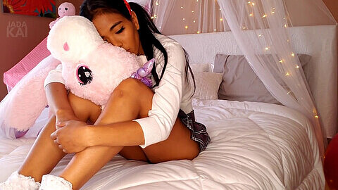 Naughty Asian teen Jada Kai destroys her stuffie out of boredom and sexual frustration