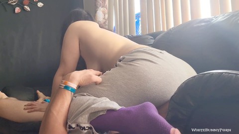 Sensational pussy smothering in sweatpants for over 100k views! Various positions with a handjob