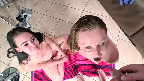 Two kinky women exchange mouthfuls of piss and gulp it down from two different camera perspectives