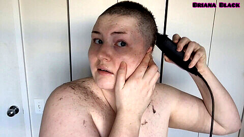 Point of view, bald girl, head shaving