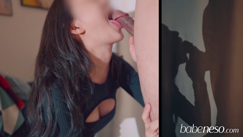 Busty babe showcases her impressive tongue skills as she takes a massive load of cum in her mouth!