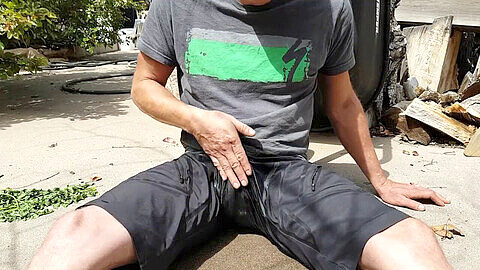 Kinky outdoor fun: soaking wet shorts, urophilia on the porch and public solo pee play