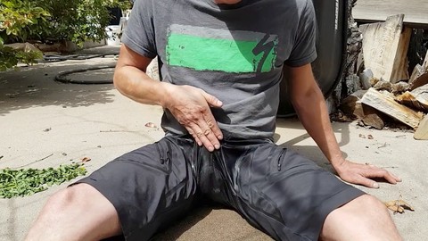 Kinky outdoor fun: soaking wet shorts, urophilia on the porch and public solo pee play