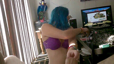 Begging blue-haired nympho begs for a cum facial