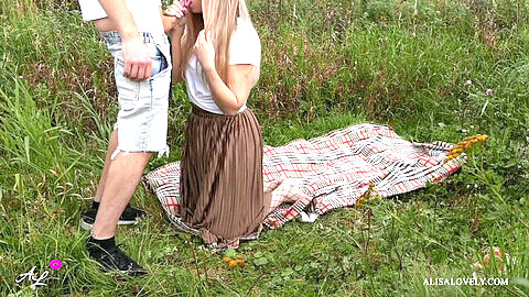 Naughty picnic - Amateur couple enjoys outdoor sex and rough blowjob fun