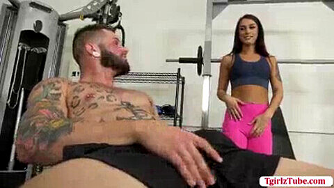 Khloe Kay, the gorgeous T-girl, gives a bareback blowjob to her gym buddy