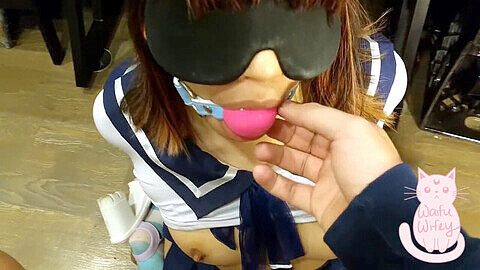 Blindfolded Asian student follows instructions and plays with two loads of cum