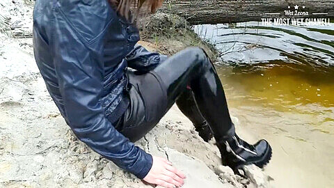 Sexy wet outfit: Leather jacket, stretchy pants and dress perfect for kinky play!