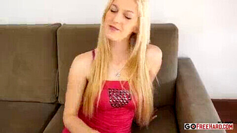 Slender blonde teen Mira Sunset gets drilled hard on the couch