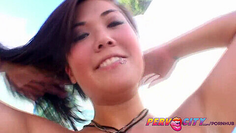 London Keyes, the naughty Asian babe, gives a deepthroat blowjob to Mike Adriano by the pool in PervCity