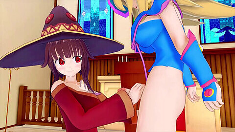 Futa Dark Magician Girl trifft in einem atemberaubenden 3D-Hentai-Abenteuer auf Megumin aus Konosuba!