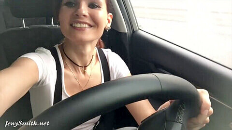 Erotic teasing without panties during a test drive for the car dealer's boss