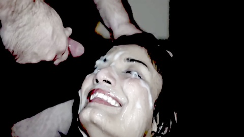 Face covered in hot jizz during intense gangbang!