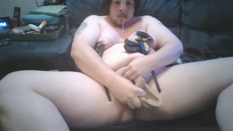 FTM Male Transgender Fat Pig Boy Pigs Out on Twinkies, Oinks, Tortures Tits With Clamps BDSM Hairy