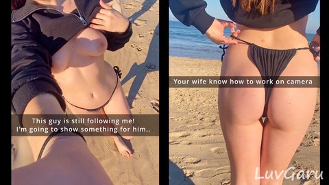 Naughty threesome on a public beach: Wife gets picked up by a random stranger while husband watches in disbelief!