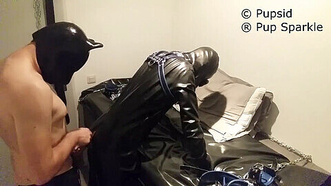 Gasmask poppers cbt, rubber puppies playing, twink rubber bondage