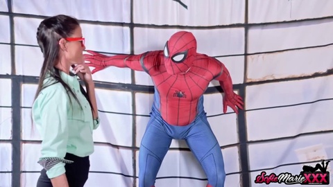 Insatiable aunt-in-law Sofie Marie gives Spiderman a deepthroat blowjob he won't forget!