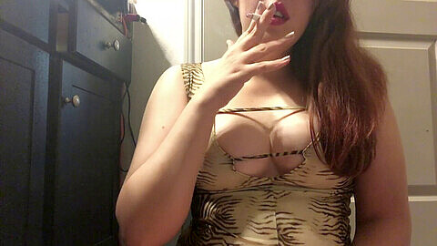 Sexy goddess smoking, perky tits, brunette smoking