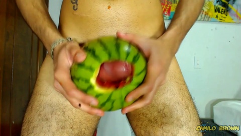 Camilo Brown passionately penetrates a watermelon until he climaxes deep inside - Colombian pleasure seeker
