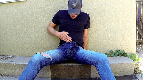 My strong stream of pee drenches my denim multiple times in scorching summer heat!