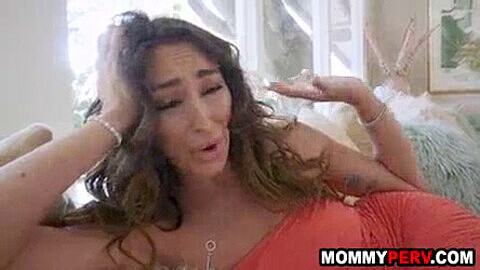 Seductive stepmom with tanned skin comes home to bang her stepson