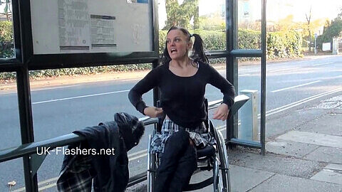UK Flasher Paraprincess showcases her trimmed puss and flaunts her wheelchair in public