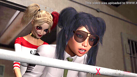 Harley Quinn dominates a young prison guard with a strap-on in steamy girl-on-girl action!