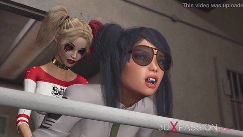 Harley Quinn dominates a young prison guard with a strap-on in steamy girl-on-girl action!