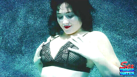 Red lips, woman drowning underwater peril, scuba peril