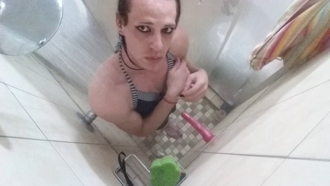 Femboy has wet and wild fun after swim - Gives deep throat and rides fake cock