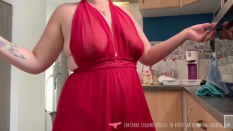 French mom selling her panties - sexy cooking session in lingerie with whisk play