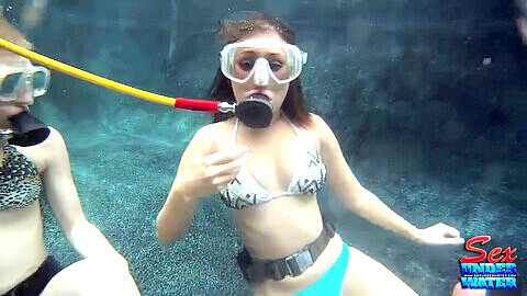 Girl trapped underwater, woman drowning underwater peril, scuba diving