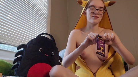 Opening Halloween-themed Pokémon cards with my boobs out!