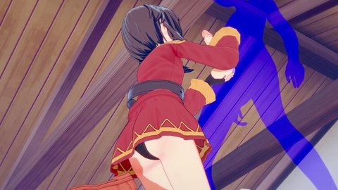 Megumin from KonoSuba cosplay hentai gives a messy handjob with a cumshot on her face!