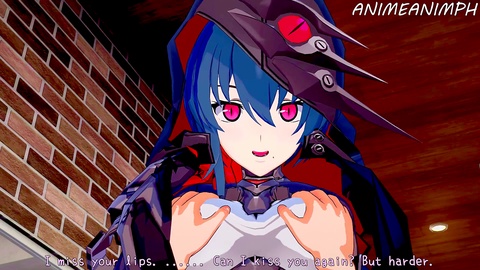 La personnage d'anime Raven de Honkai Impact 3rd en costume sexy offre une fellation désordonnée à un mec chanceux