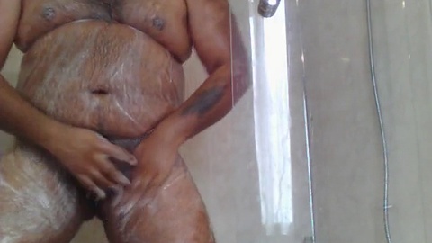 Hairy bear Sonnie enjoys a steamy shower with his chunky chub pt1