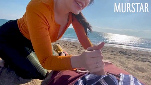 Public beach blowjob, pussy play, public blowjob