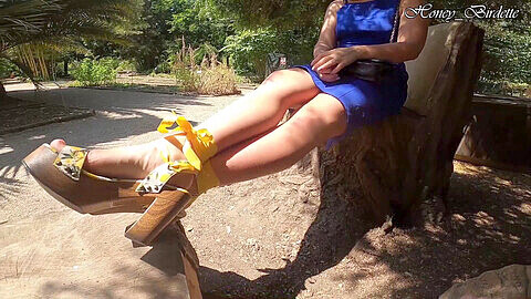 Public park adventure: My fiery young redhead girlfriend in a blue sundress gives a deepthroat blowjob and eagerly swallows every drop of cum!