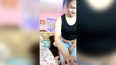 Girl webcam pee desperation, full bladder pee holding, webcam jeans pee
