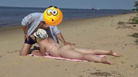 Milf bikini, cock in mouth, on beach