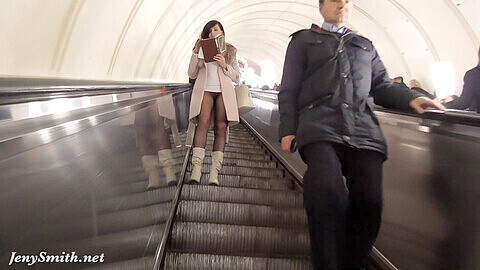 Jeny Smith flashes her pussy in seamless pantyhose at the subway