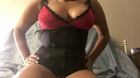 Busty ebony POV cockslut in red bra and corset shows off her natural curves and wet pussy