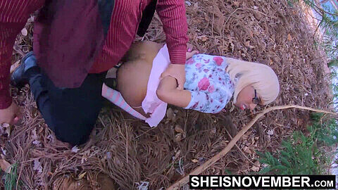 Stepdaughter Msnovember gets dirty on all fours for stepfather's cum in the woods