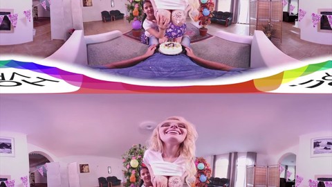 Busty blondes Angel Wicky and Lady Dee celebrate an awesome birthday with a steamy threesome in VR!