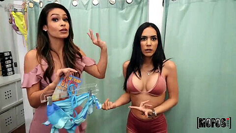 Two curvy Latina babes get caught and fuck in a dressing room threesome