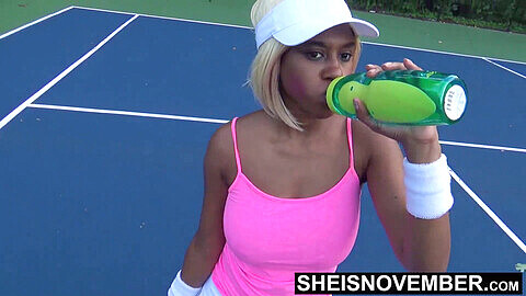 Petite ebony tennis player Msnovember has rough missionary sex after losing match, then rides a stranger for losing a bet.