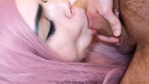 Mind-blowing deepthroat and messy cum throat by an amazing young babe in extreme close-up