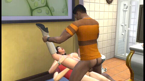 Estudiante pelirroja disfruta trío interracial y acción traviesa con un hombre mayor en el hentai de Sims.