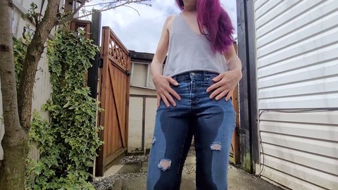 Compilation of nerdy fairy wetting her ripped jeans