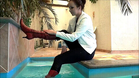 Wetlook boots pool, pool boots, wetlook drowning sexy